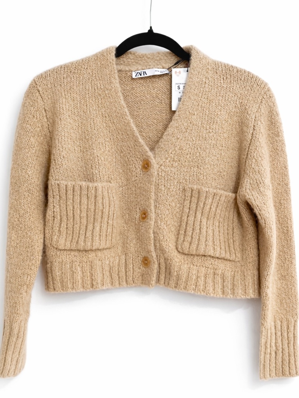 Zara Cropped Beige V-Neck Button Pocket Cardigan NWT